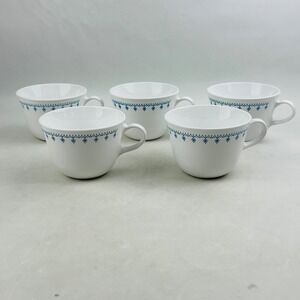 Corelle Snowflake Blue 5 Flat Cup Set Ring Handle White Vintage